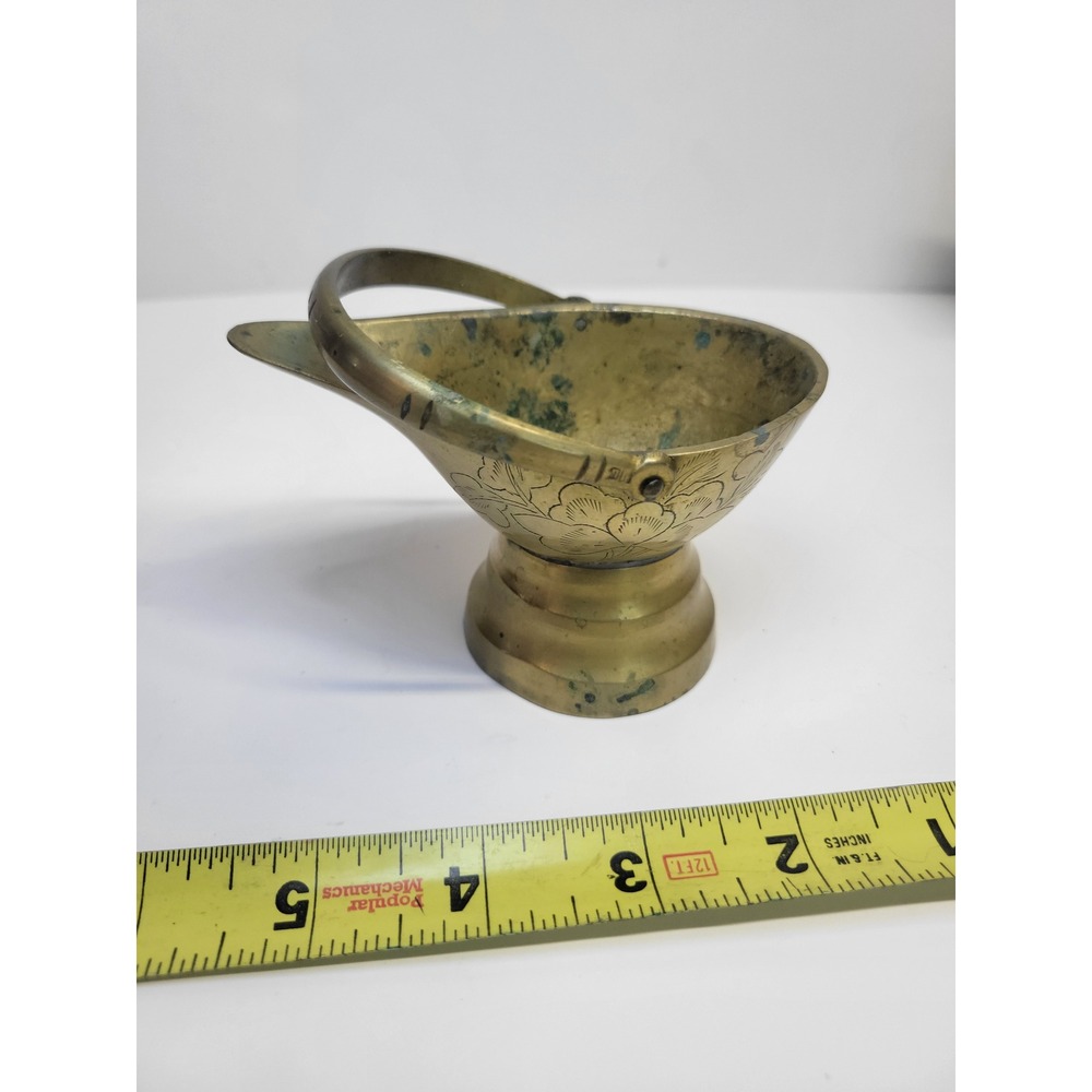 Vintage‎ Etched Floral Brass Offering Bowl With Handle Unique Decor Collectible